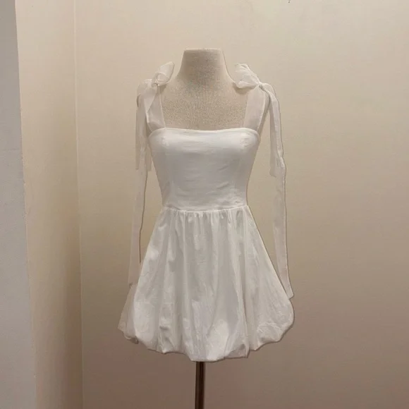 REFORMATION White Enza Square Ribbon Tie Strap Bubble Hem Minidress size 6 Small - Picture 8 of 16